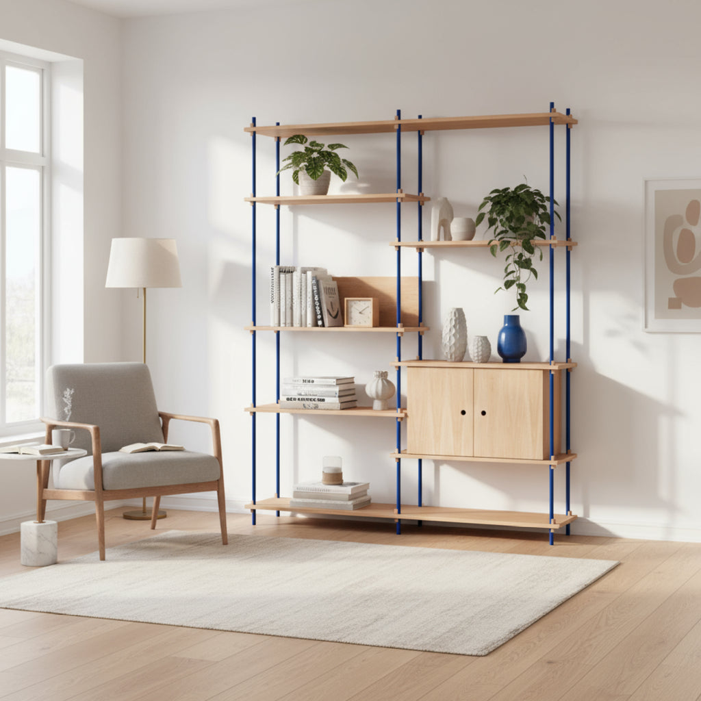 Customizable Moebe Shelving System in Oak & Deep Blue - Versatile Design