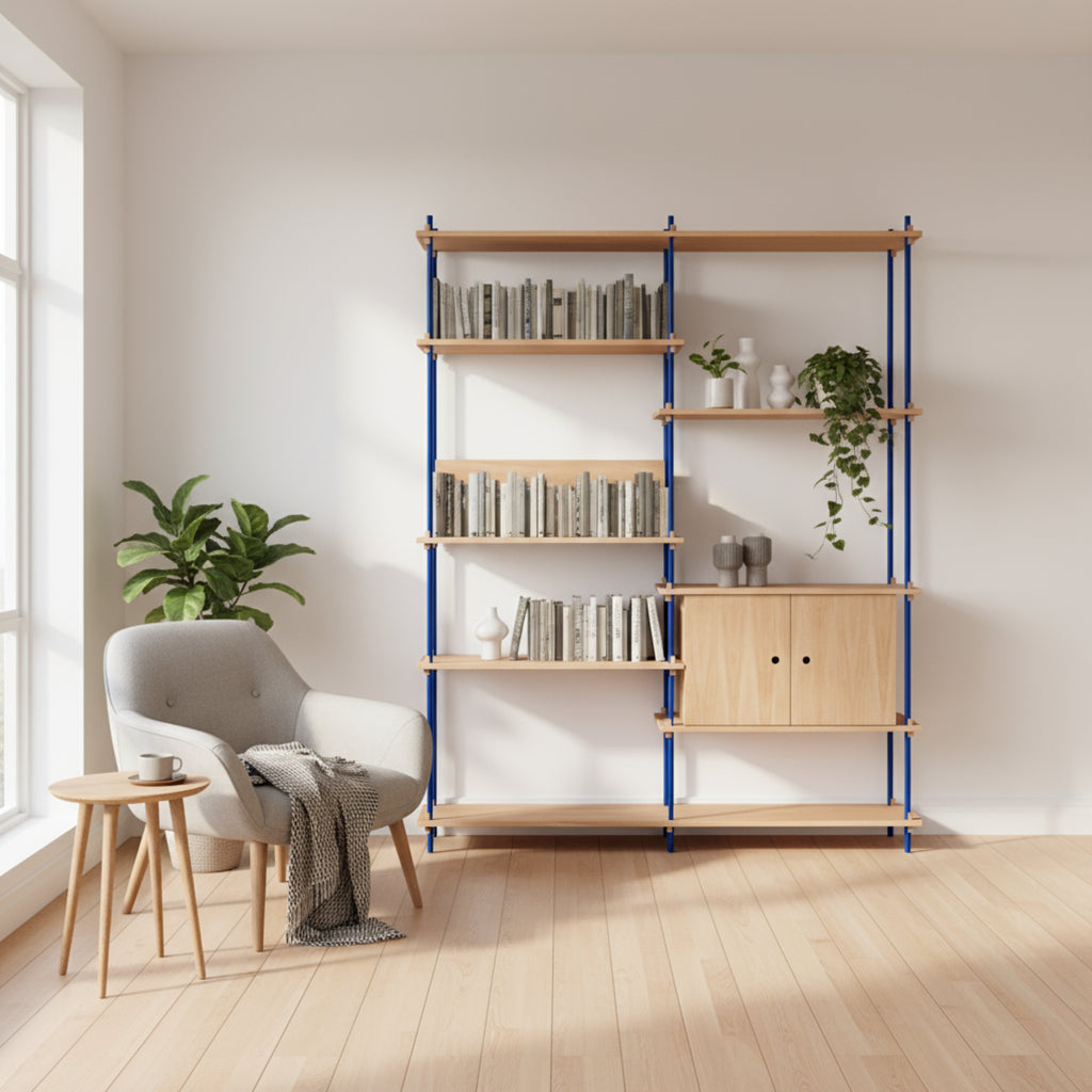 Customizable Moebe Shelving System in Oak & Deep Blue - Versatile Design