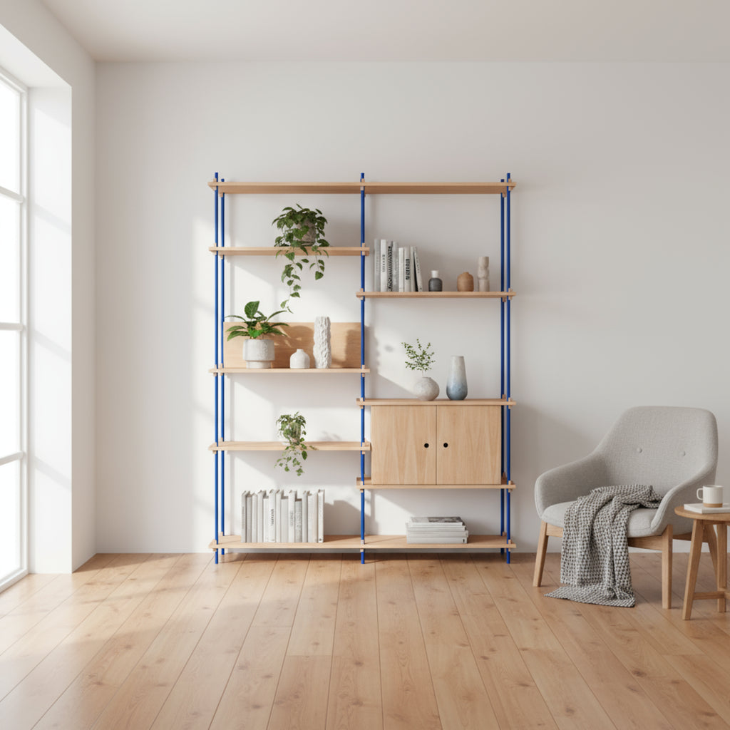 Customizable Moebe Shelving System in Oak & Deep Blue - Versatile Design