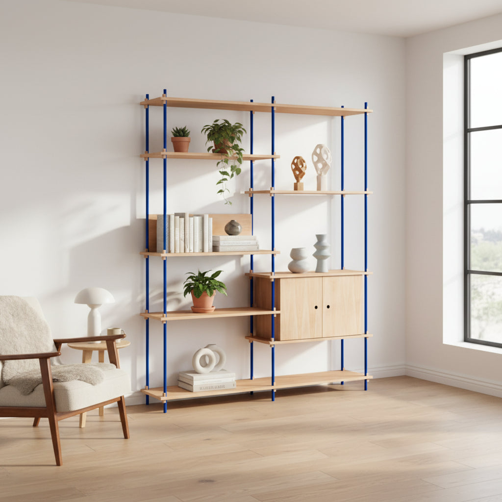Customizable Moebe Shelving System in Oak & Deep Blue - Versatile Design
