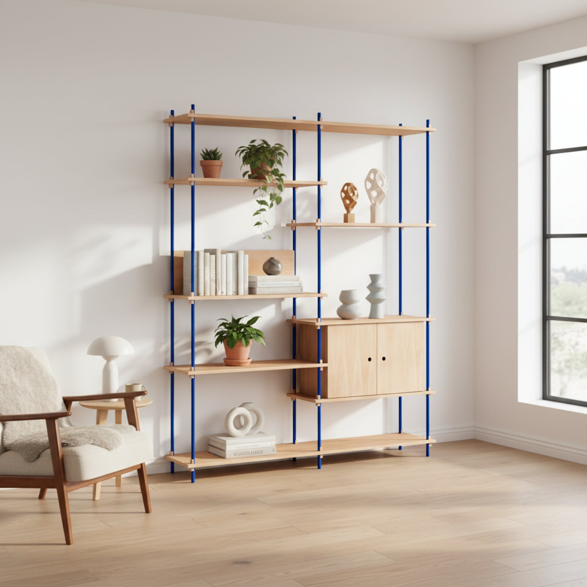 Customizable Moebe Shelving System in Oak & Deep Blue - Versatile Design