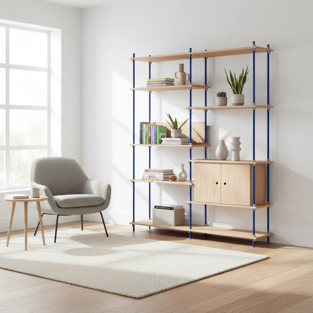 Customizable Moebe Shelving System in Oak & Deep Blue - Versatile Design