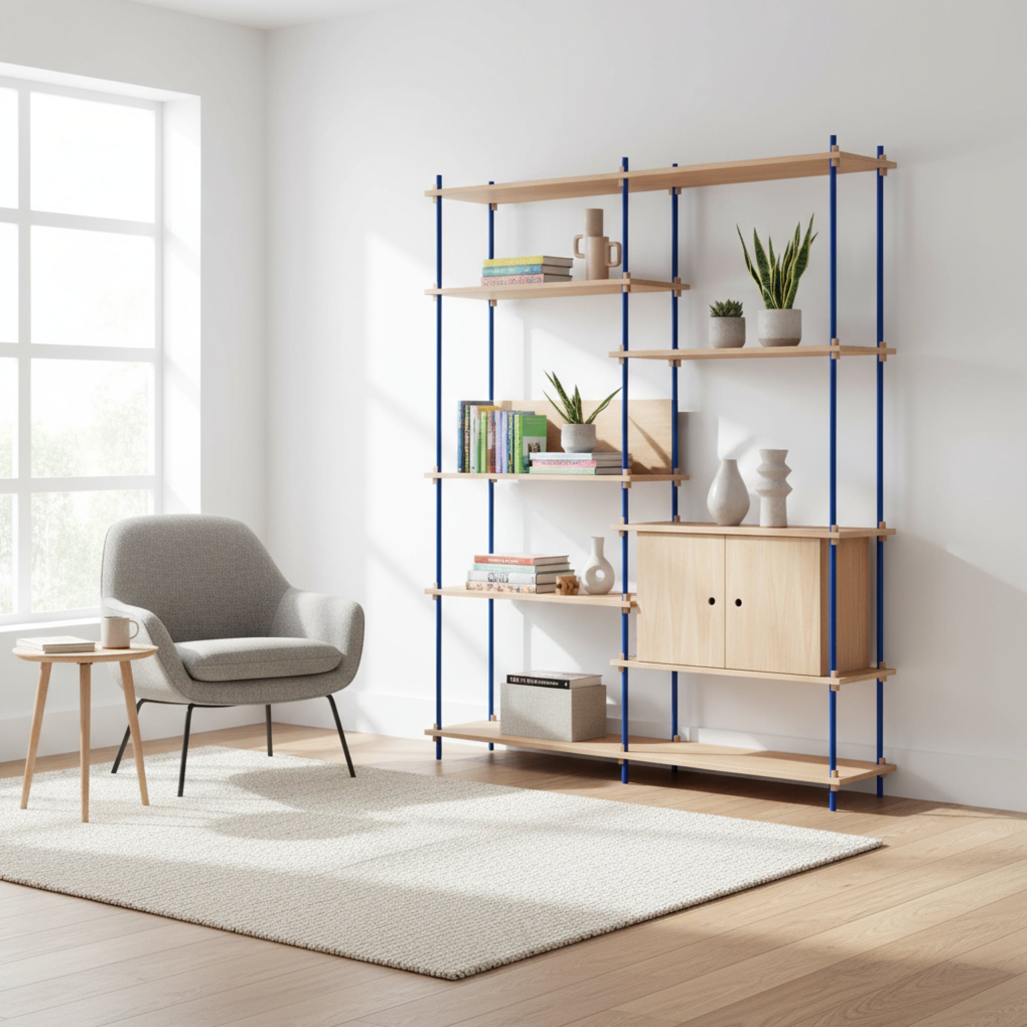 Customizable Moebe Shelving System in Oak & Deep Blue - Versatile Design