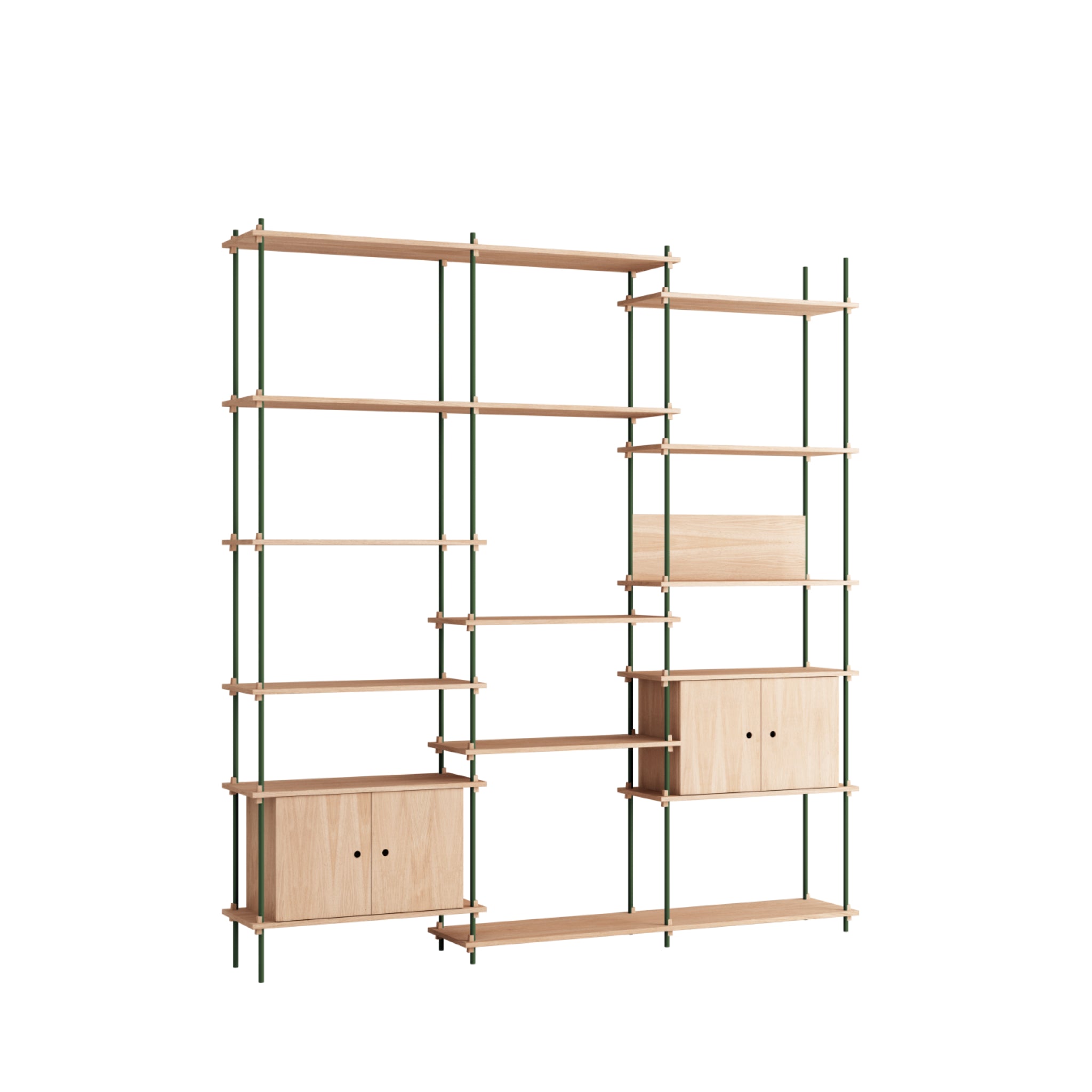 Customizable Moebe Shelving System in Oak & Pine Green - Versatile Design