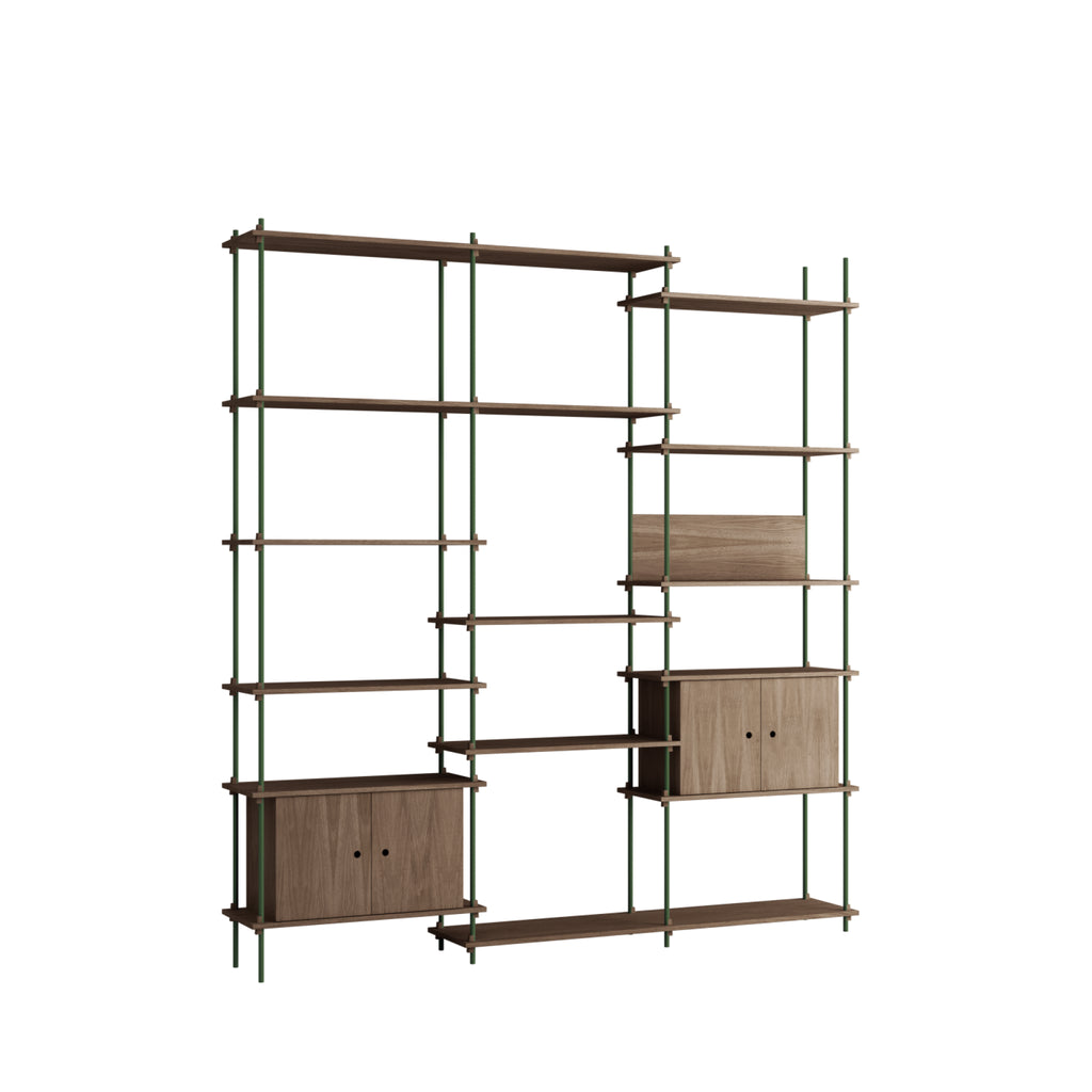 Customizable Moebe Shelving System in Smoked Oak & Pine Green - 255cm High