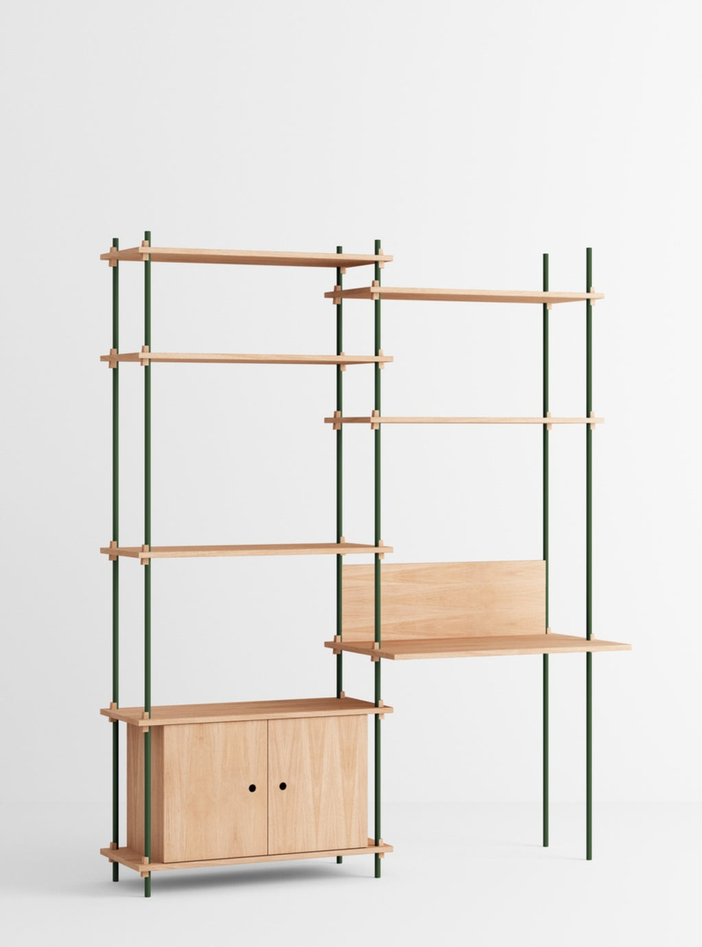 Customizable Moebe Shelving System in Oak & Pine Green - Versatile Design