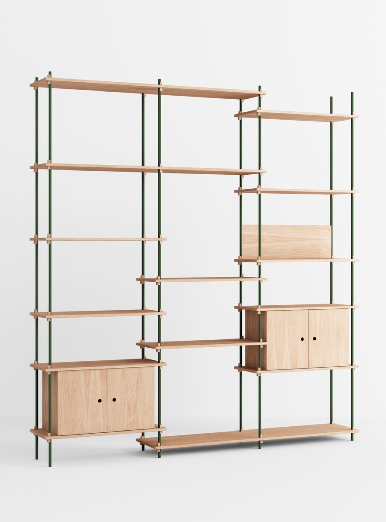 Customizable Moebe Shelving System in Oak & Pine Green - Versatile Design