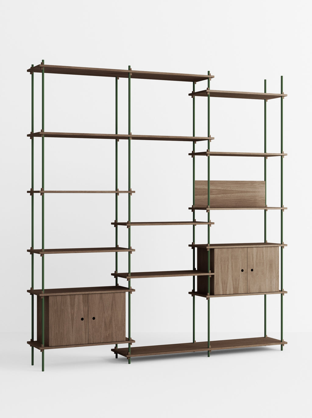 Customizable Moebe Shelving System in Smoked Oak & Pine Green - 255cm High