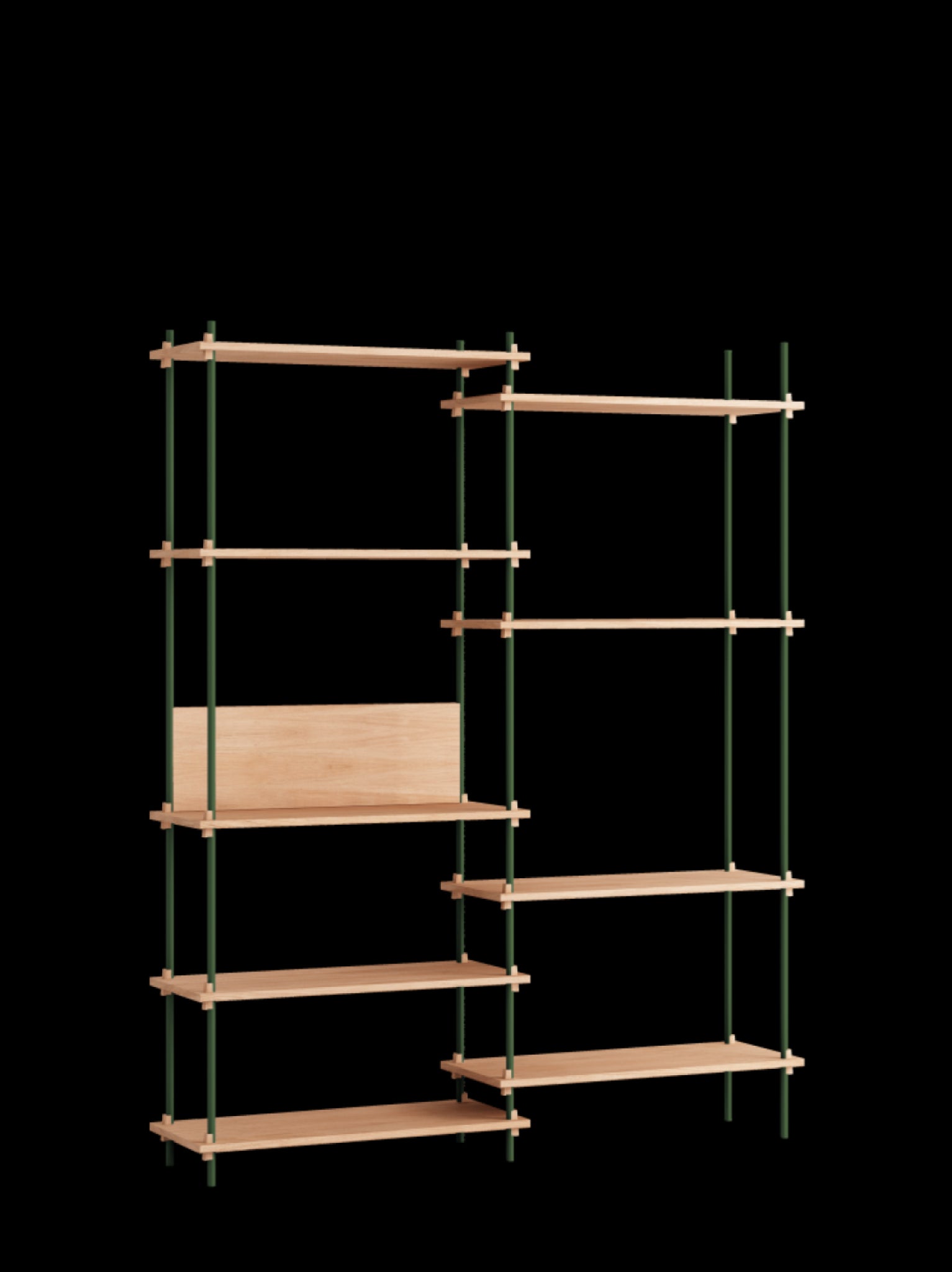 Customizable Moebe Shelving System in Oak and Pine Green - 200cm Height