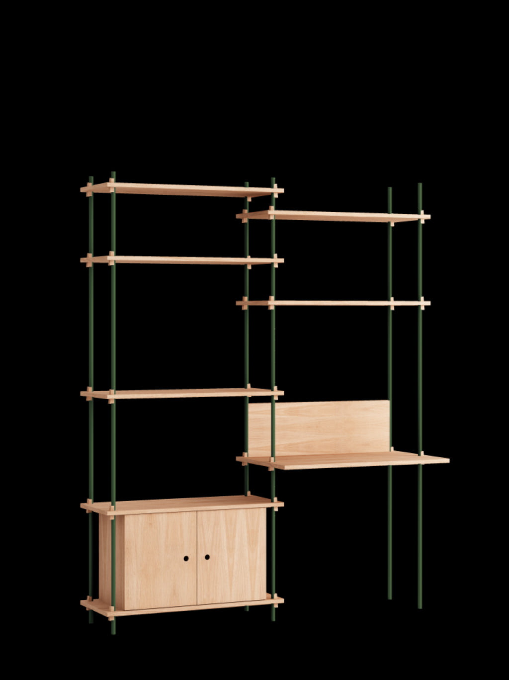 Customizable Moebe Shelving System in Oak & Pine Green - Versatile Design