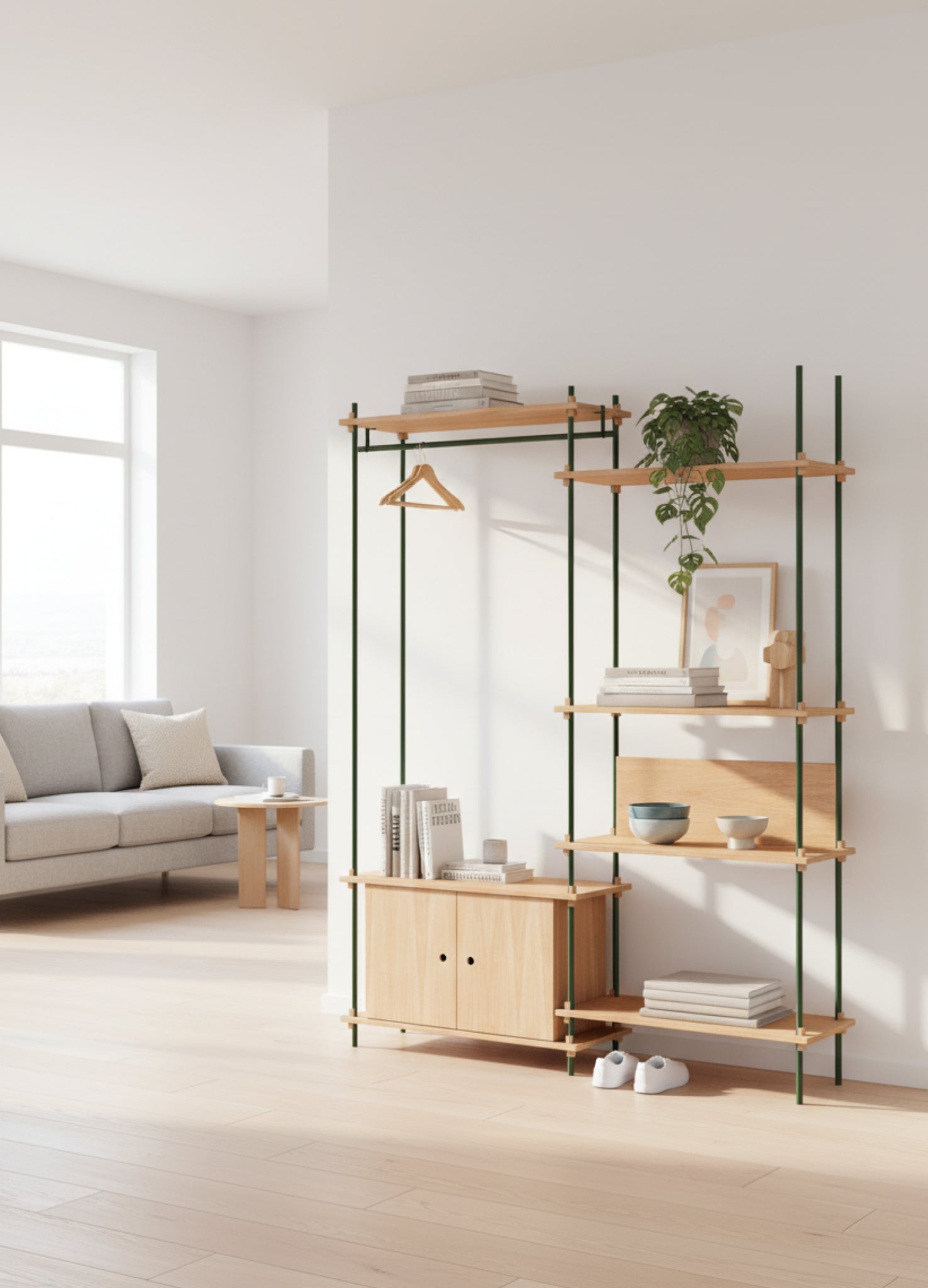 Customizable Moebe Shelving System in Oak & Pine Green - 200cm Height