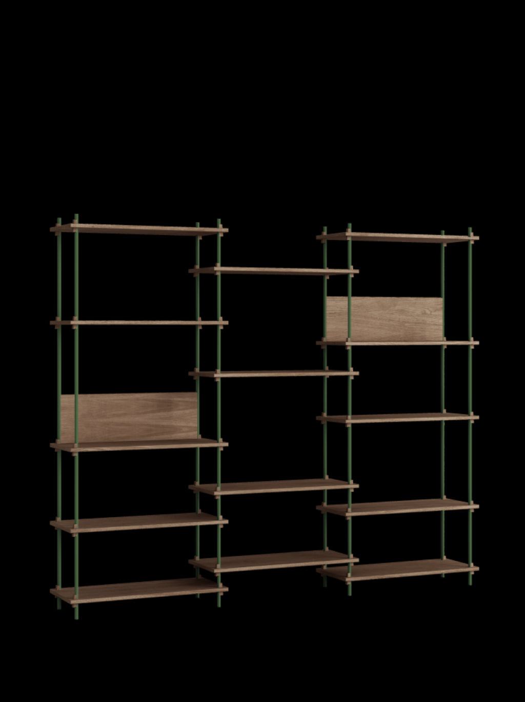 Customizable Moebe Shelving System in Smoked Oak & Pine Green - 240x200 cm