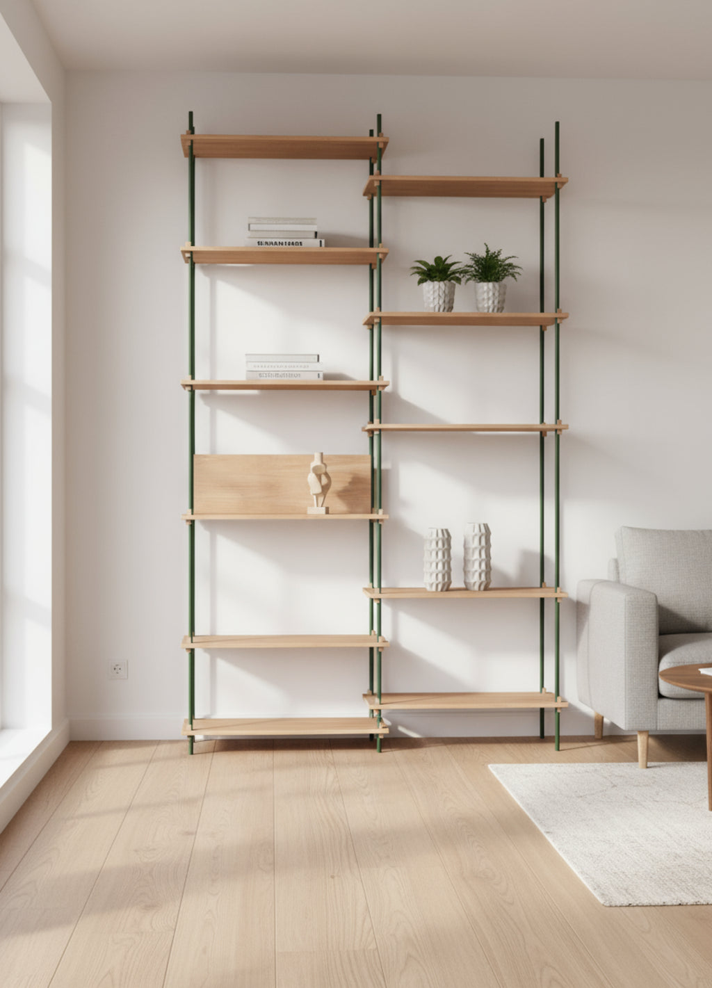 Customizable Moebe Shelving System in Oak & Pine Green - 255cm Height