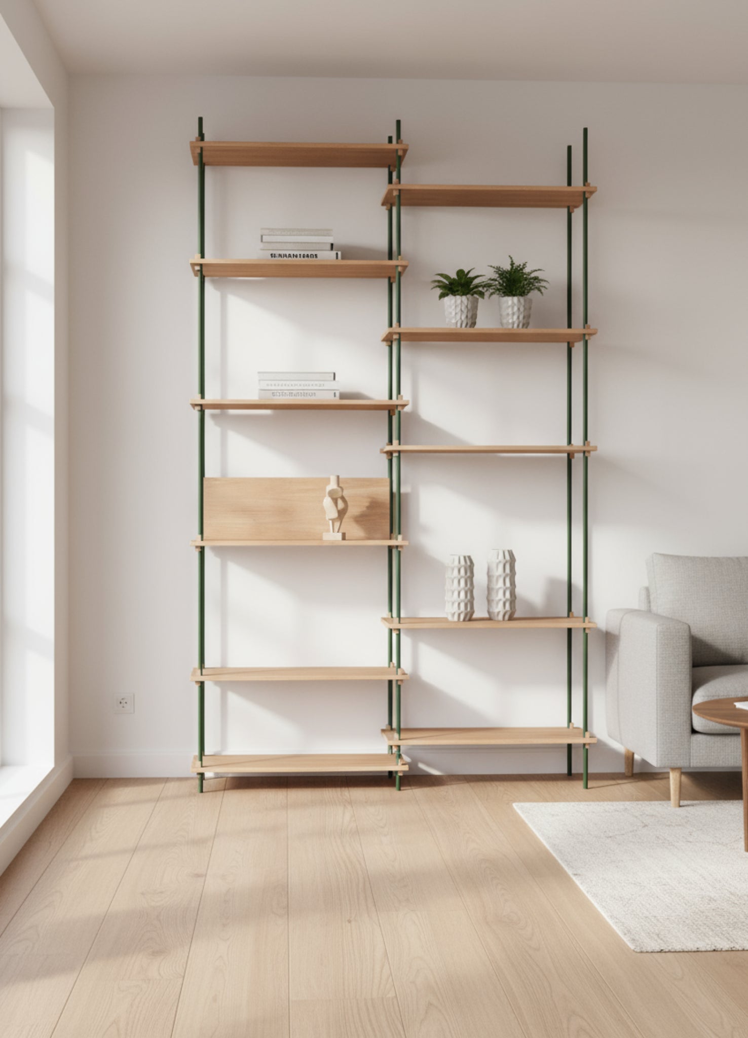 Customizable Moebe Shelving System in Oak & Pine Green - 255cm Height