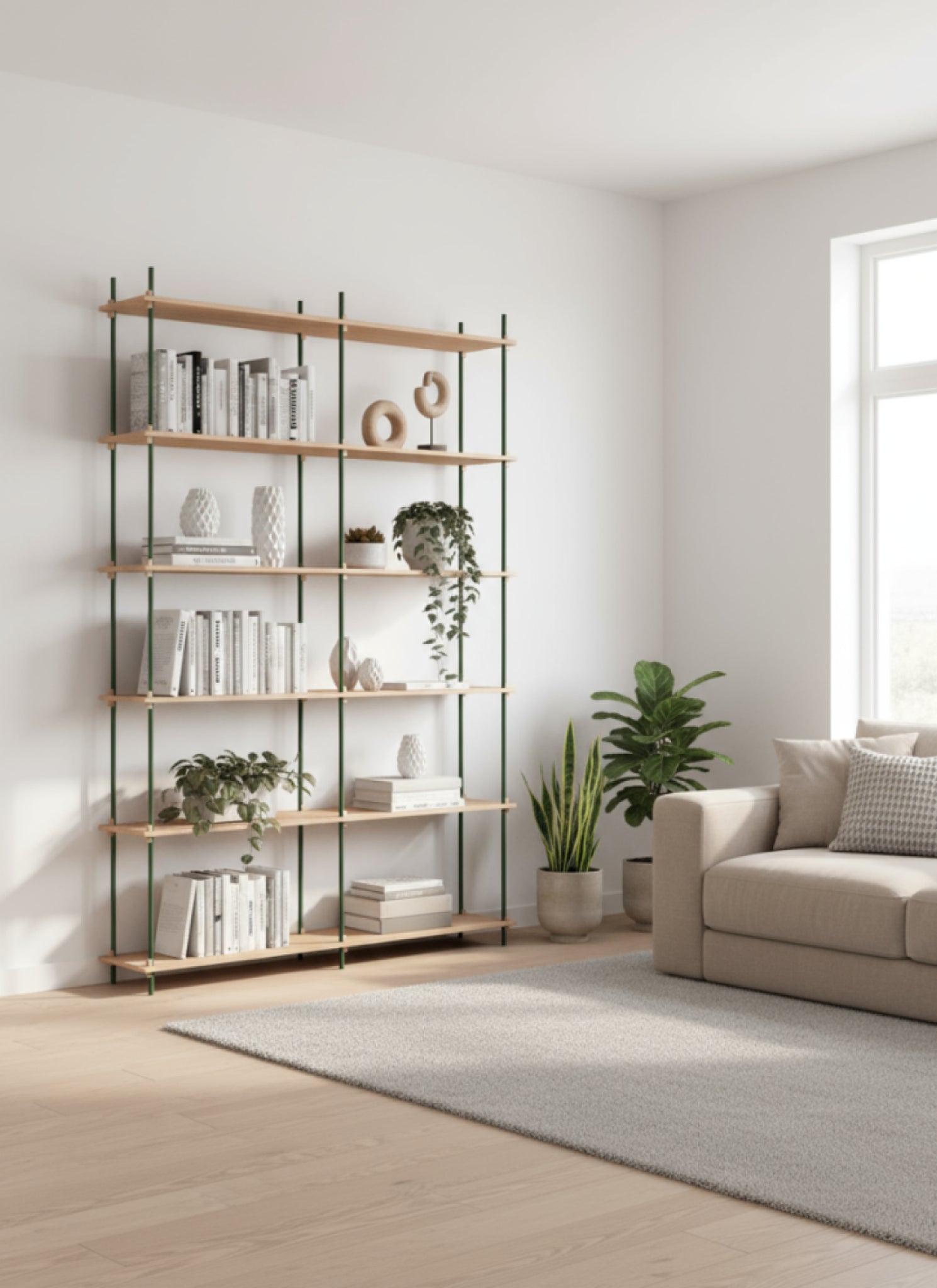 Customizable Moebe Shelving System in Oak & Pine Green - Versatile Design