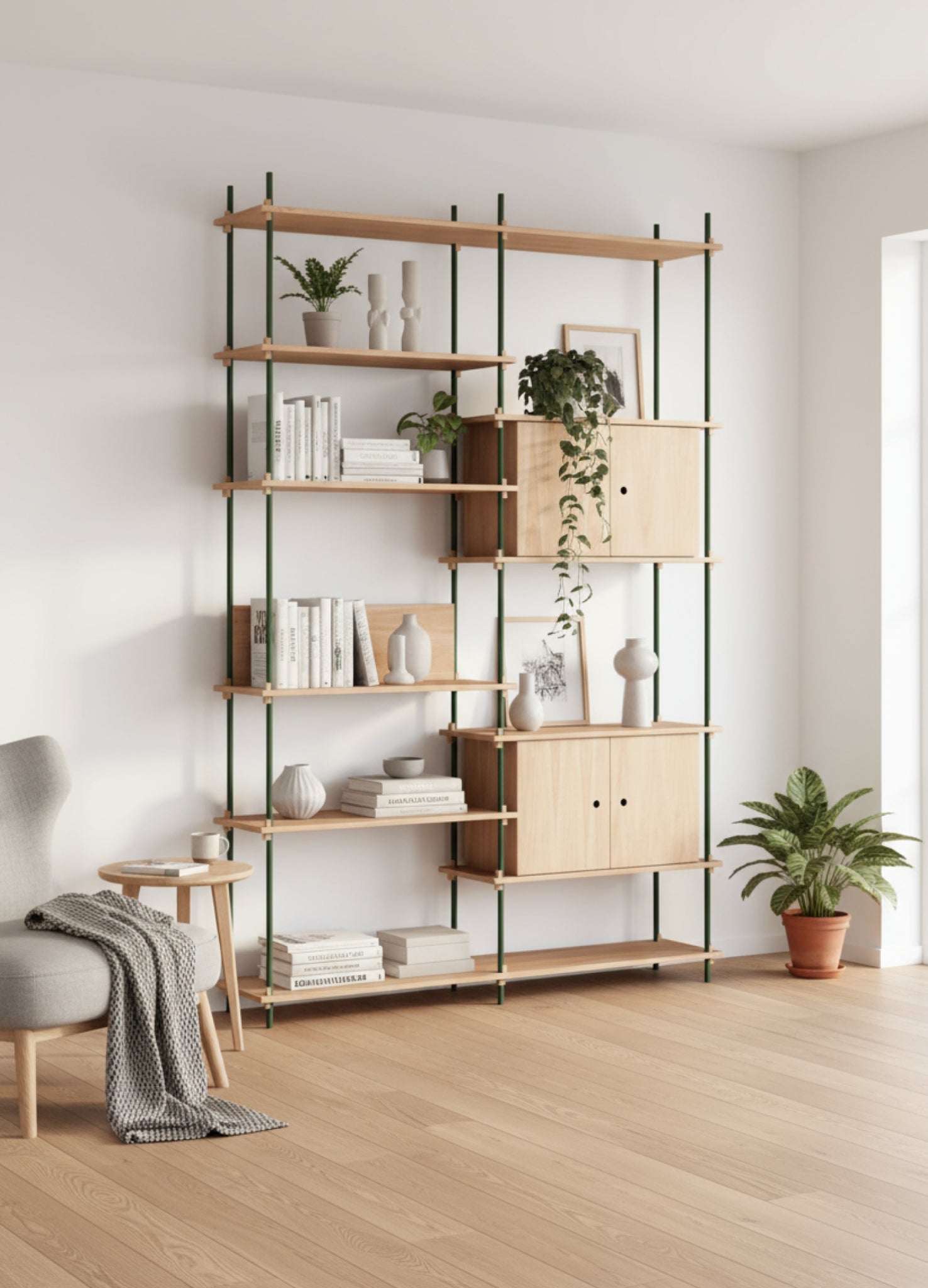 Customizable Moebe Shelving System in Oak & Pine Green - 255cm Height