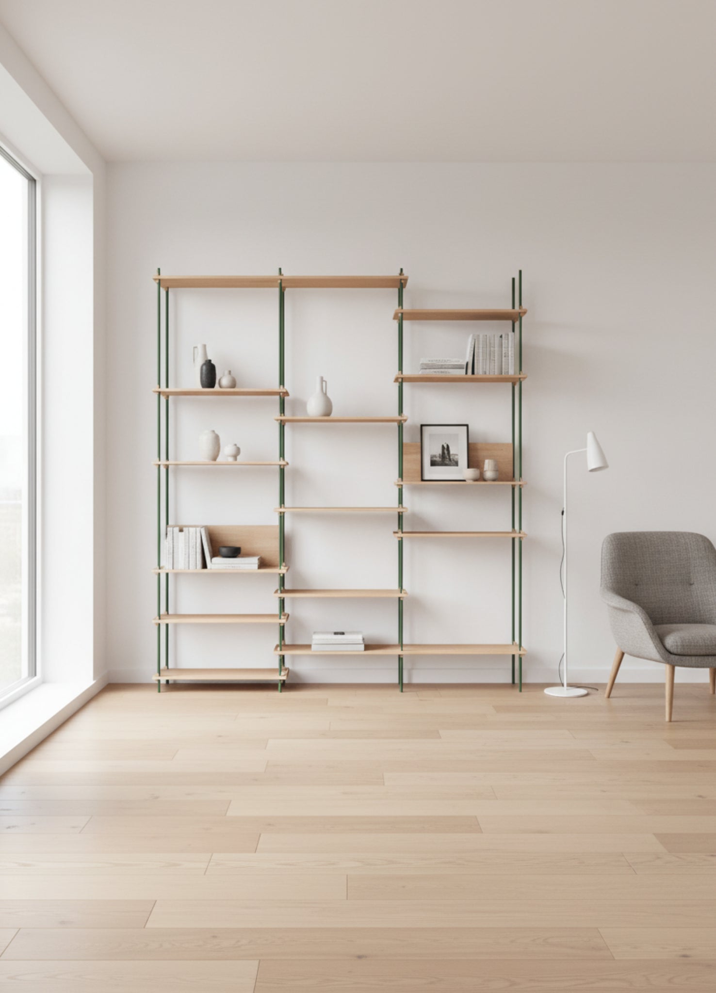 Customizable Moebe Shelving System in Oak & Pine Green - 255cm Height