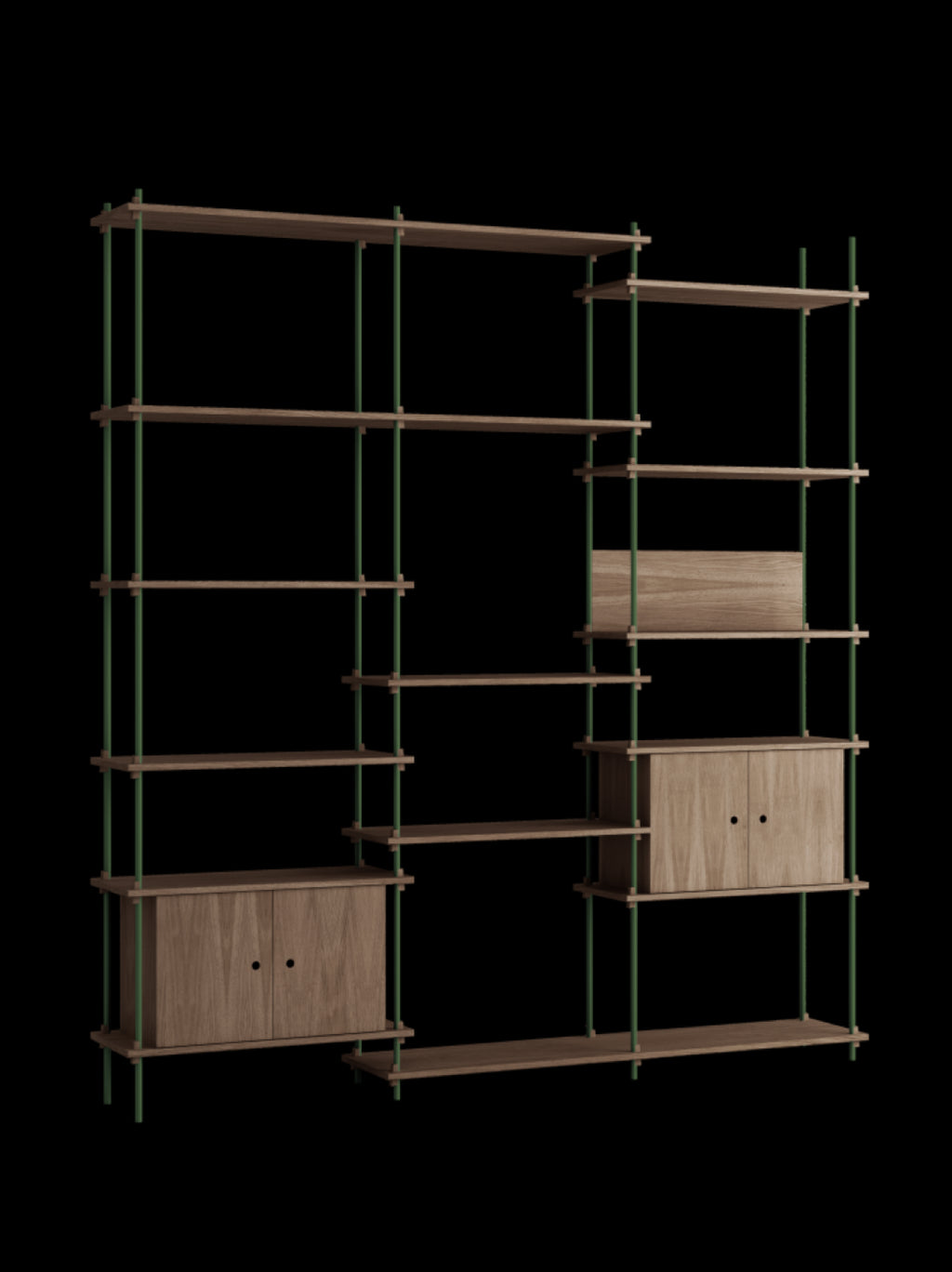 Customizable Moebe Shelving System in Smoked Oak & Pine Green - 255cm High