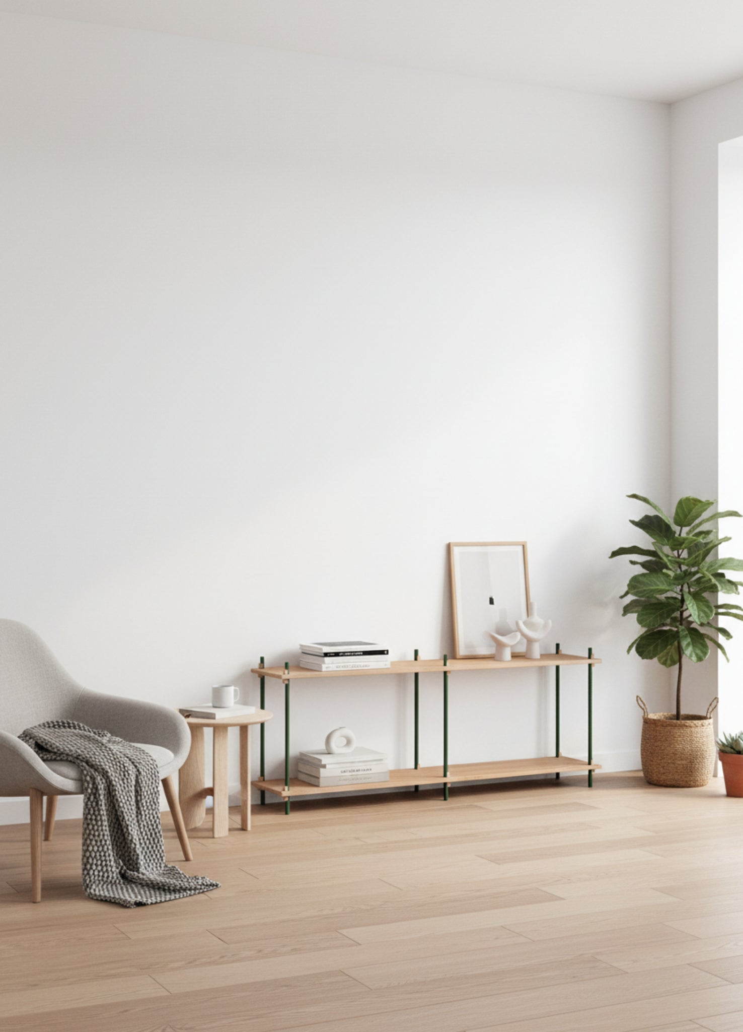 Customizable Moebe Shelving System in Oak & Pine Green - Versatile Design