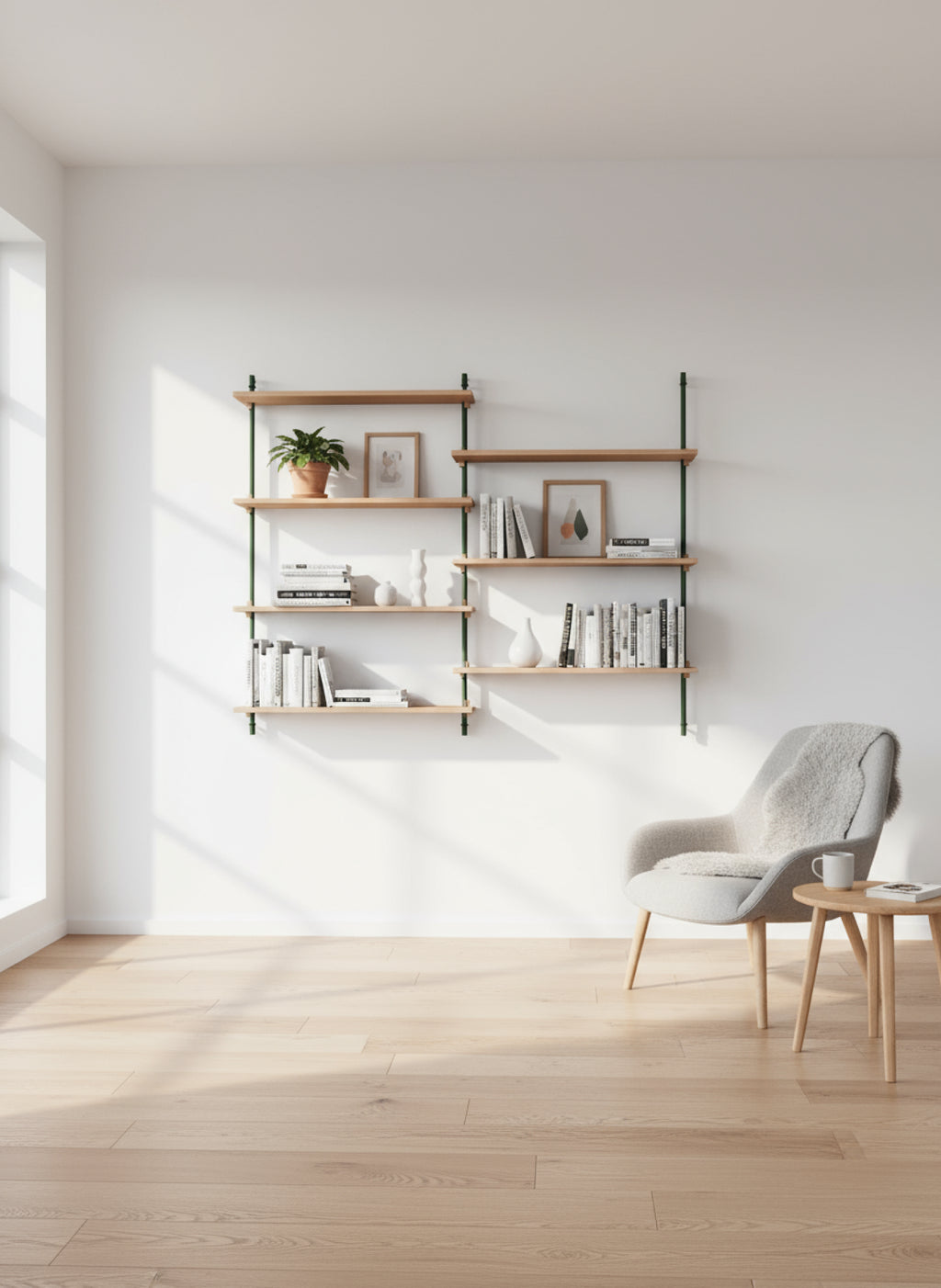 Moebe Wall Shelving WS.115.2: Adjustable Oak Shelf in Pine Green