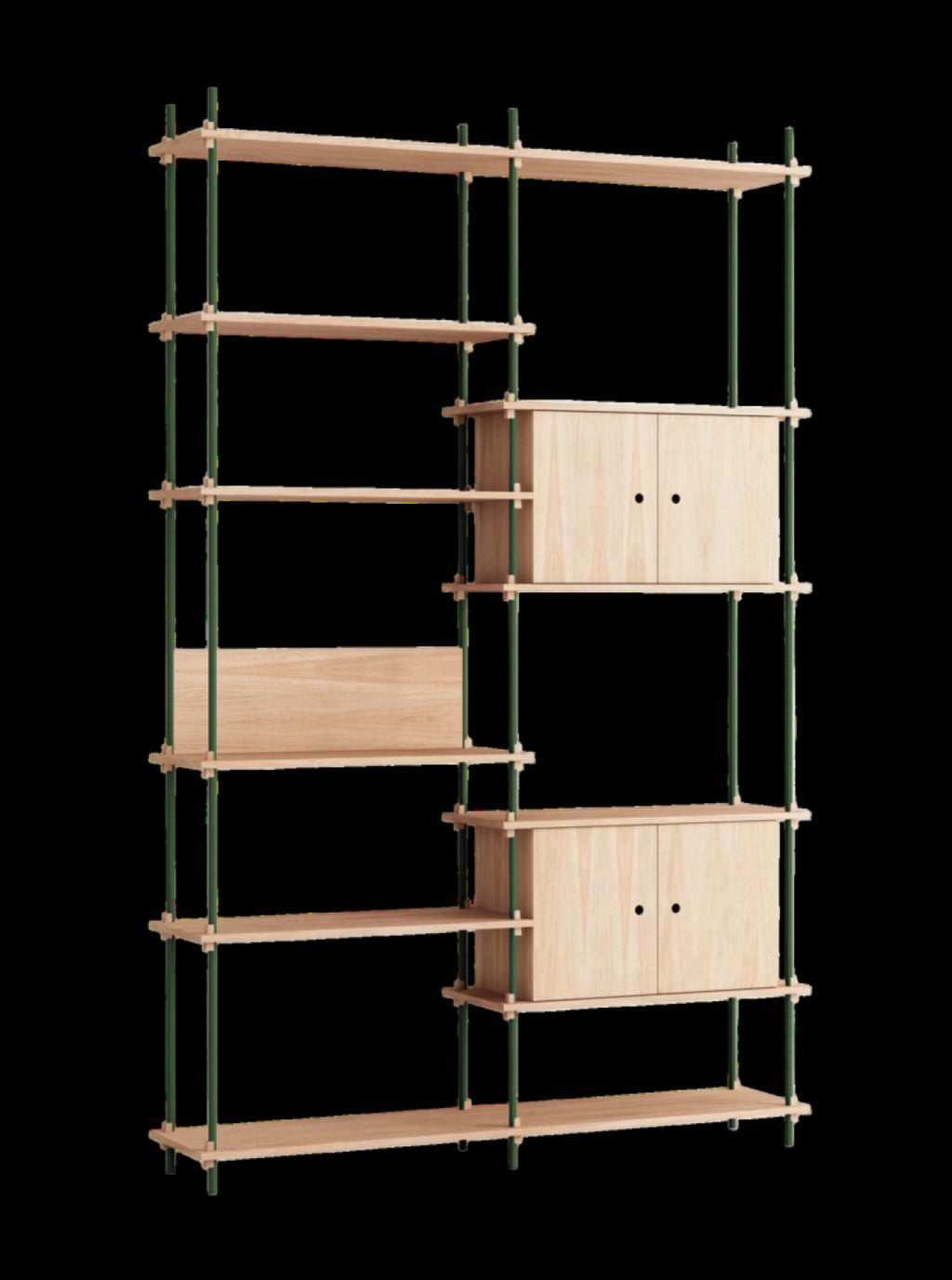 Customizable Moebe Shelving System in Oak & Pine Green - 255cm Height