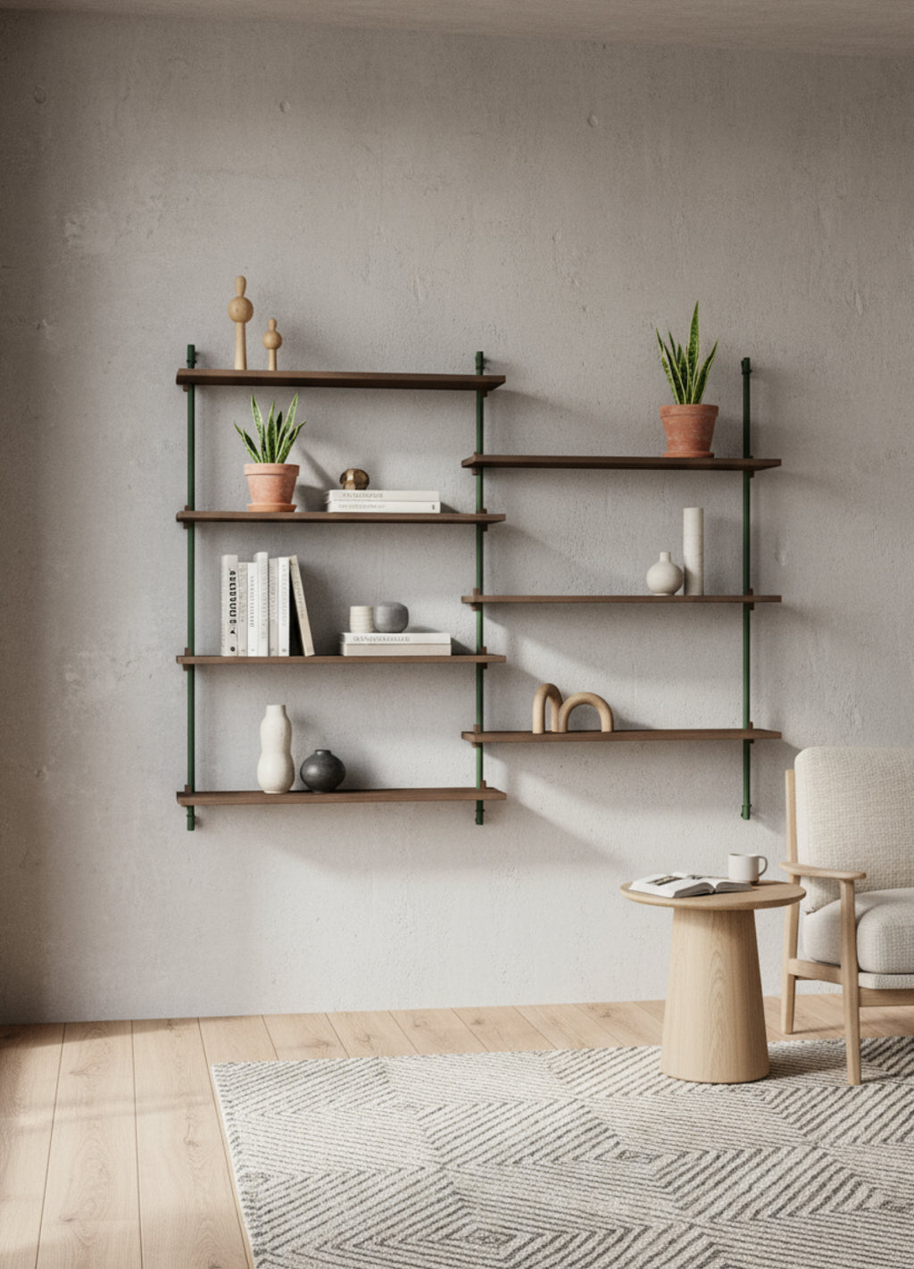 Moebe Wall Shelving WS.115.2: Smoked Oak & Pine Green for Any Room