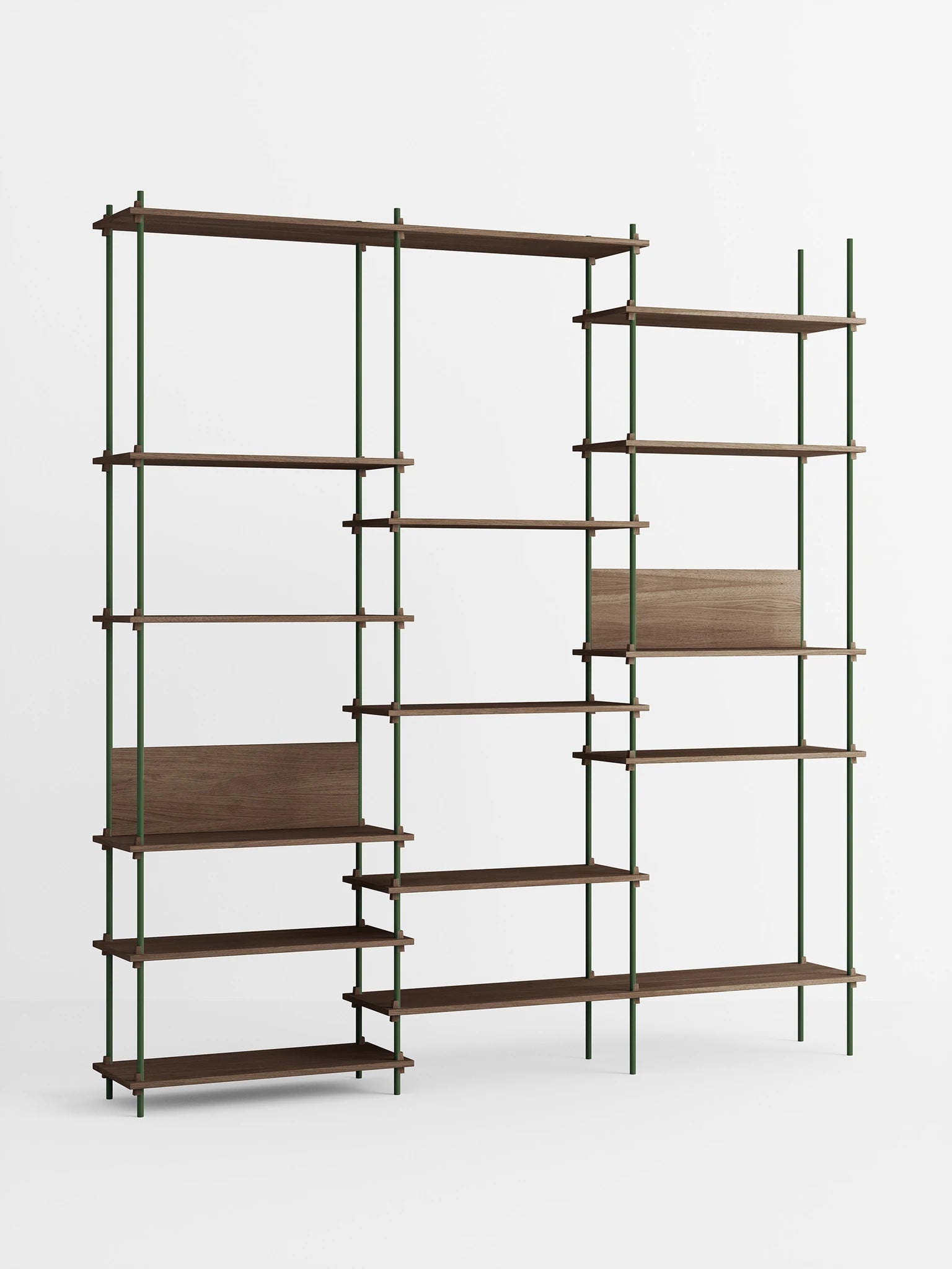 Customizable Moebe Shelving System in Smoked Oak & Pine Green - 255cm