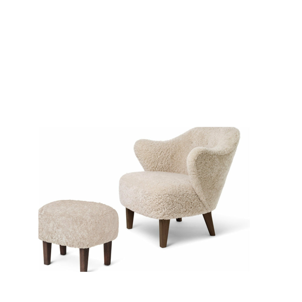 Audo Copenhagen Ingeborg Armchair with footstool, Moonlight lambskin/smoked oak