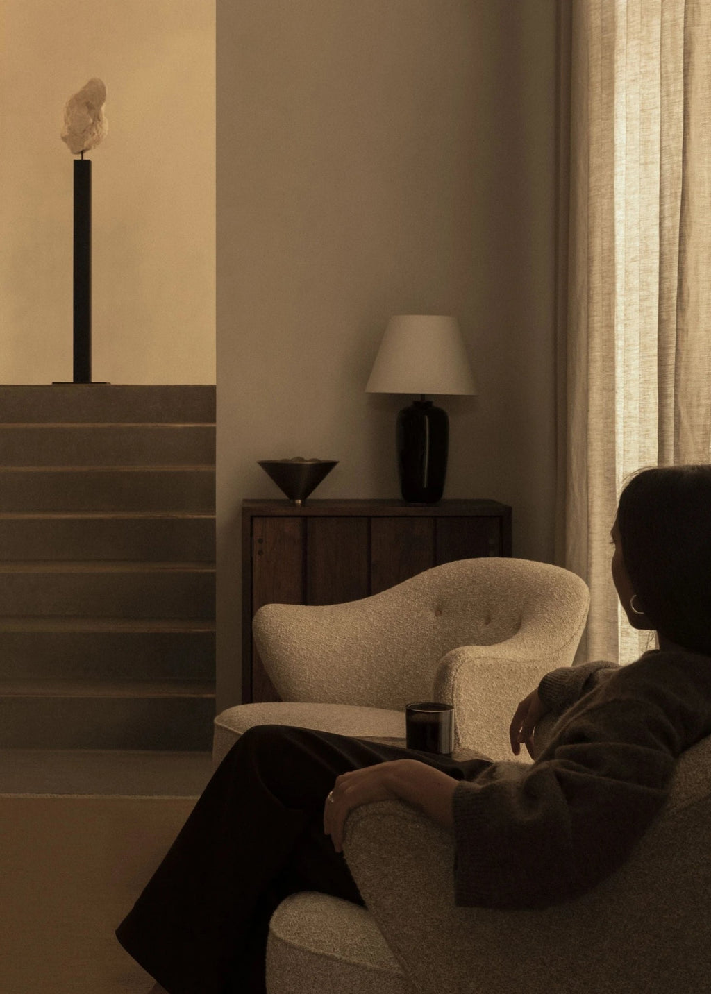 Audo Copenhagen Ingeborg Armchair with footstool, Moonlight lambskin/smoked oak