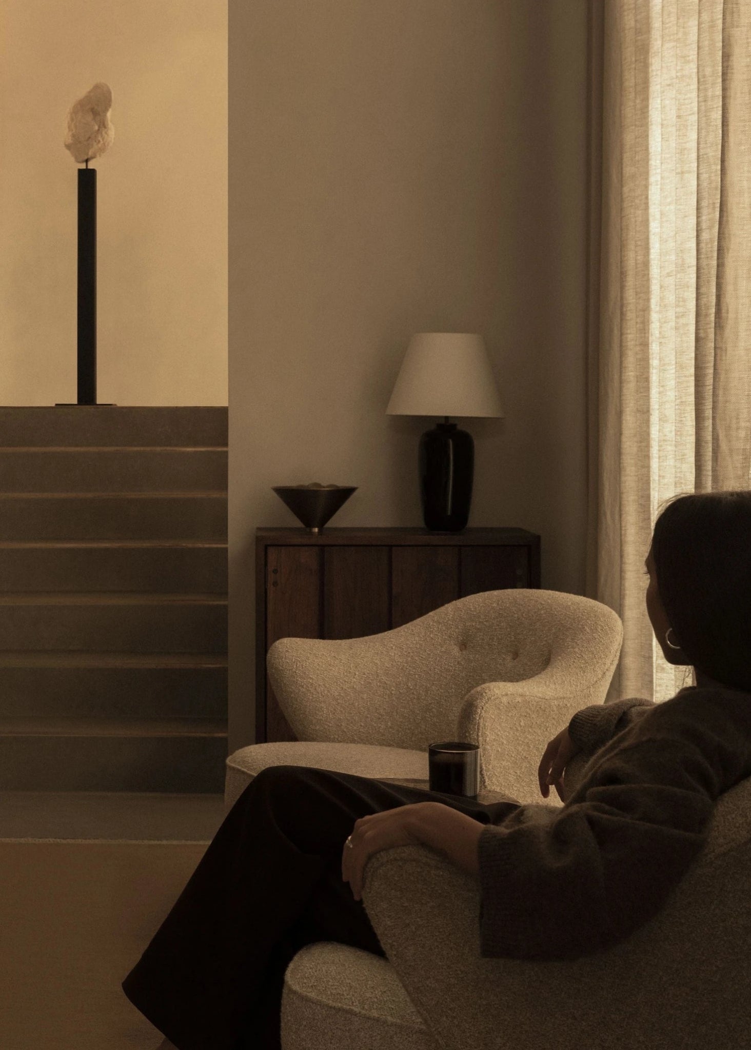 Audo Copenhagen Ingeborg Armchair with footstool, Moonlight lambskin/smoked oak