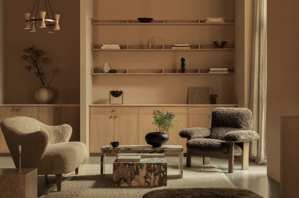 Audo Copenhagen Ingeborg Footstool, Moonlight lambskin/smoked oak