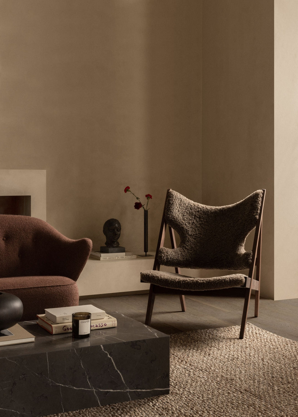 Audo Copenhagen Ingeborg Armchair with footstool, Moonlight lambskin/smoked oak