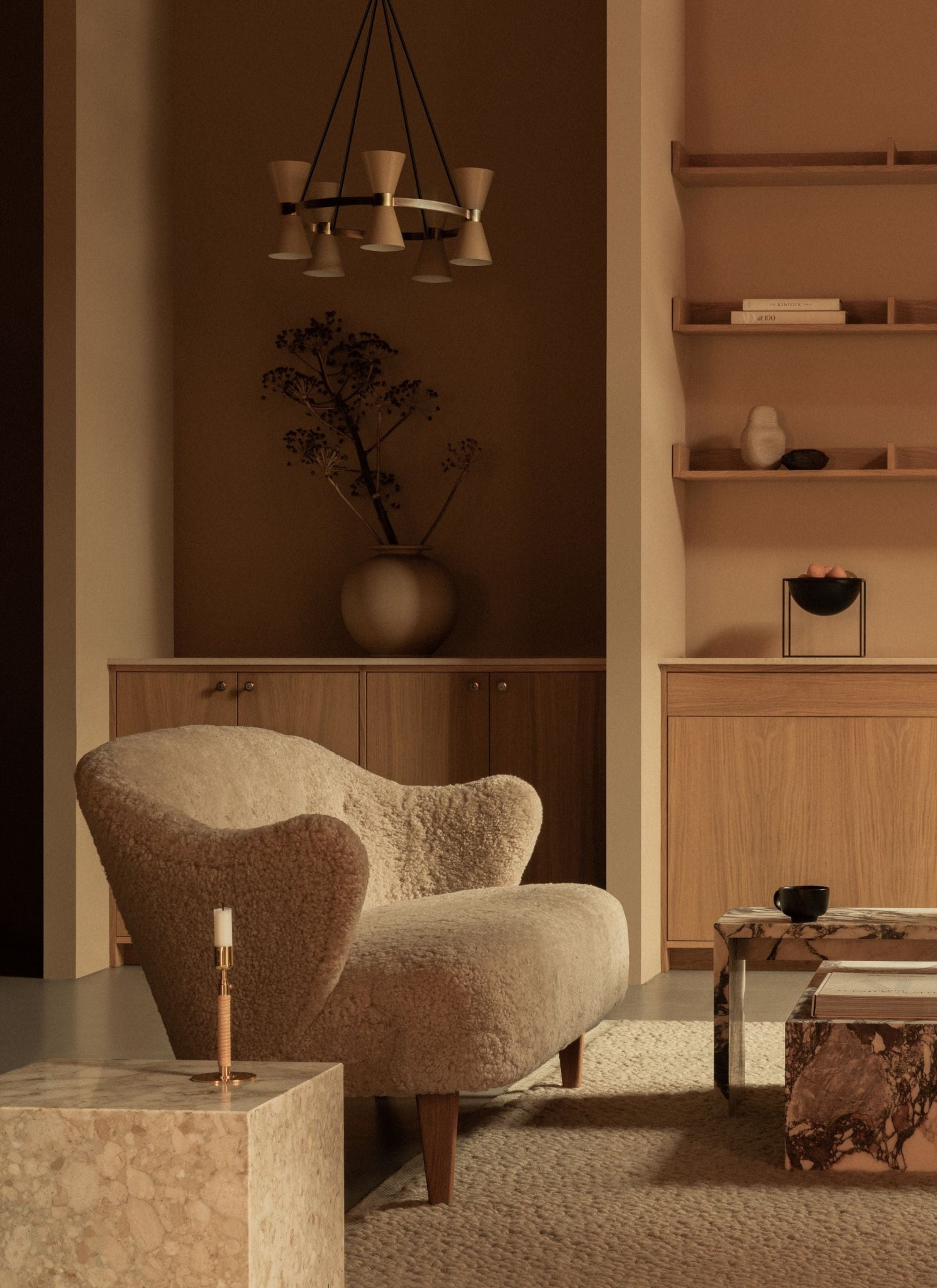 Audo Copenhagen Ingeborg Armchair with footstool, Moonlight lambskin/smoked oak