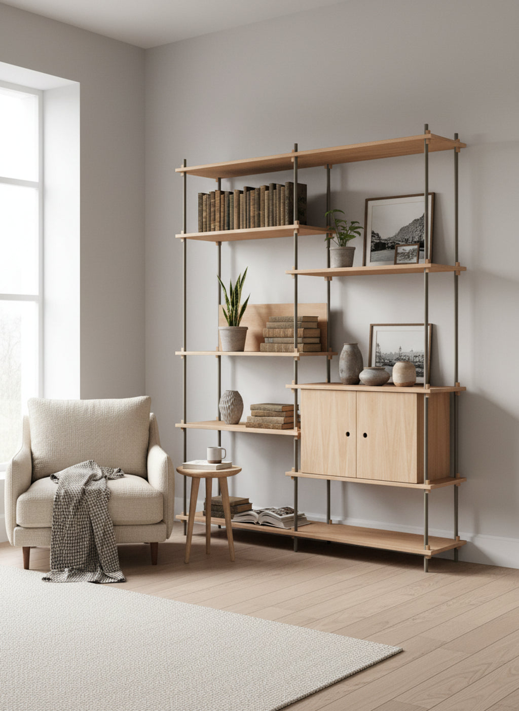 Customizable Moebe Shelving System in Oak & Warm Grey - Versatile Design