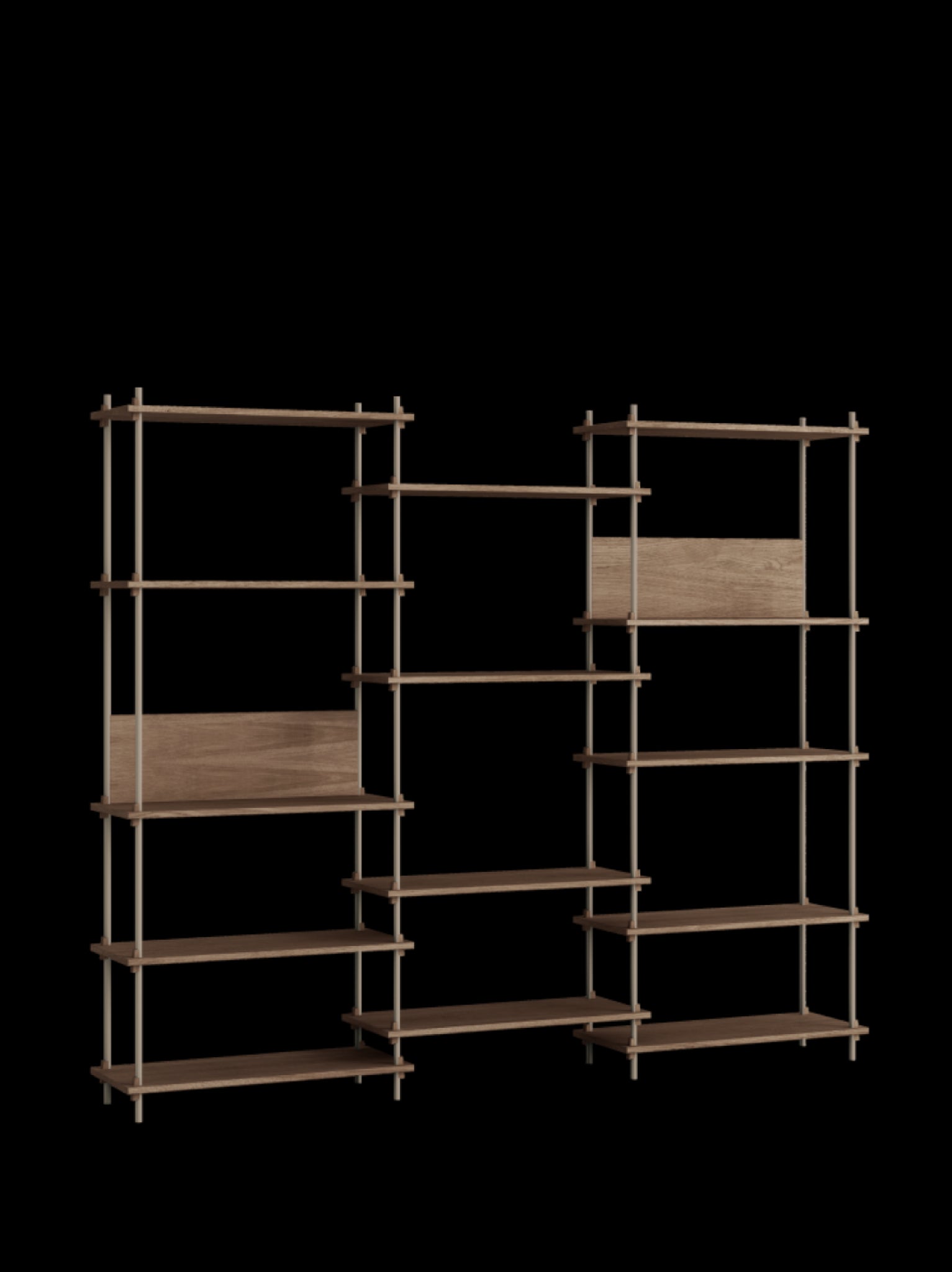 Customizable Moebe Shelving System in Smoked Oak & Warm Grey - 240x200 cm