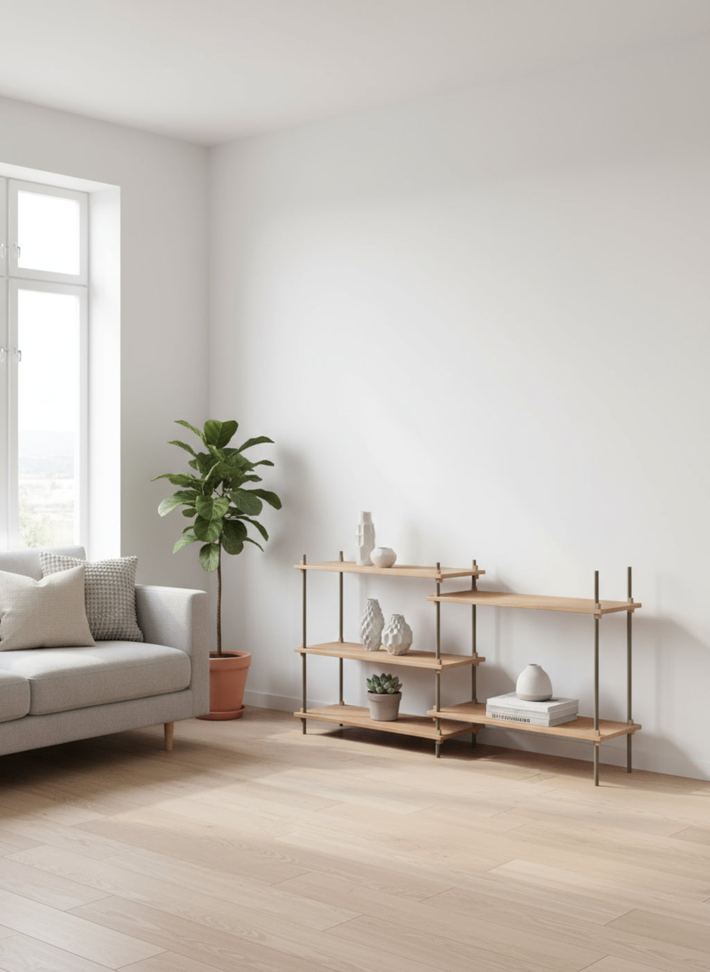 Customizable Moebe Shelving System in Oak & Warm Grey - Versatile Design