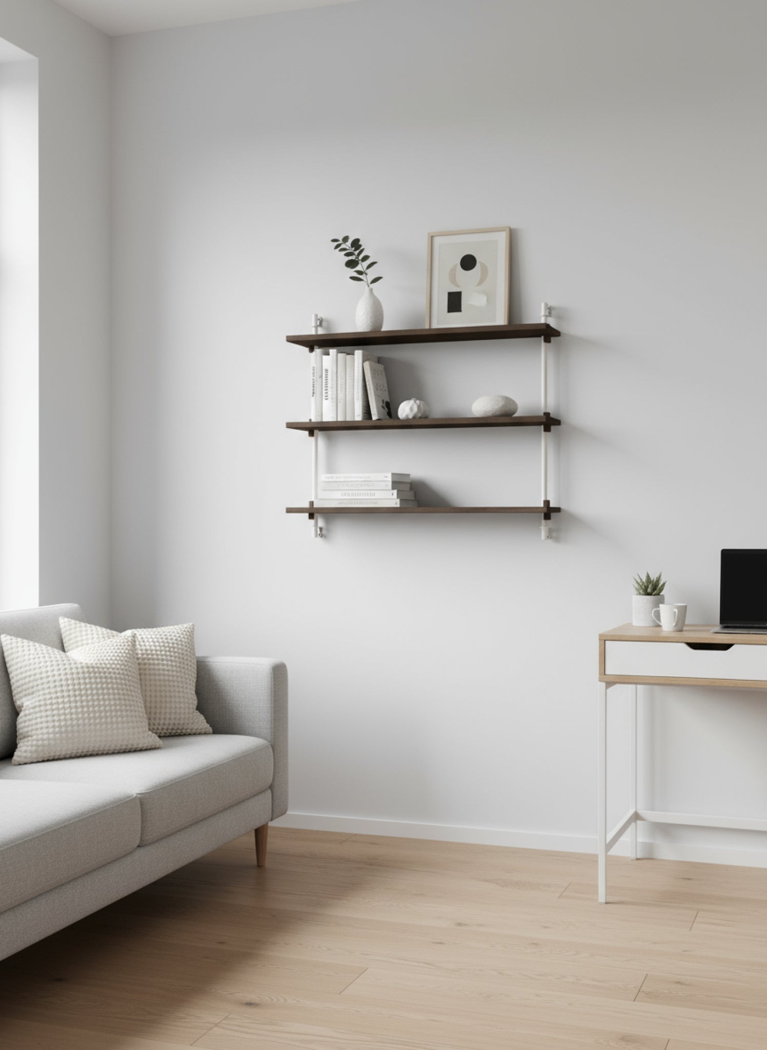 Adjustable Moebe Wall Shelving in Smoked Oak & White for Any Room
